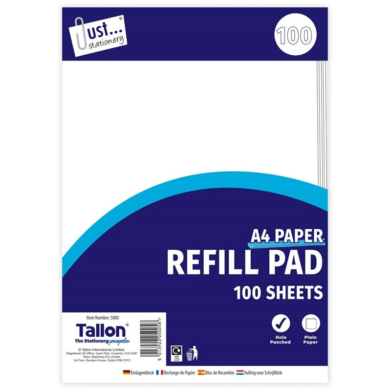 A4 Plain Refill Pad 100 Sheet side bound