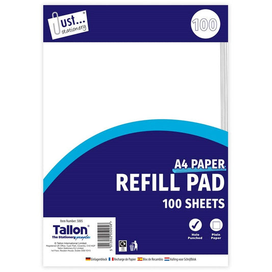 A4 Plain Refill Pad 100 Sheet side bound